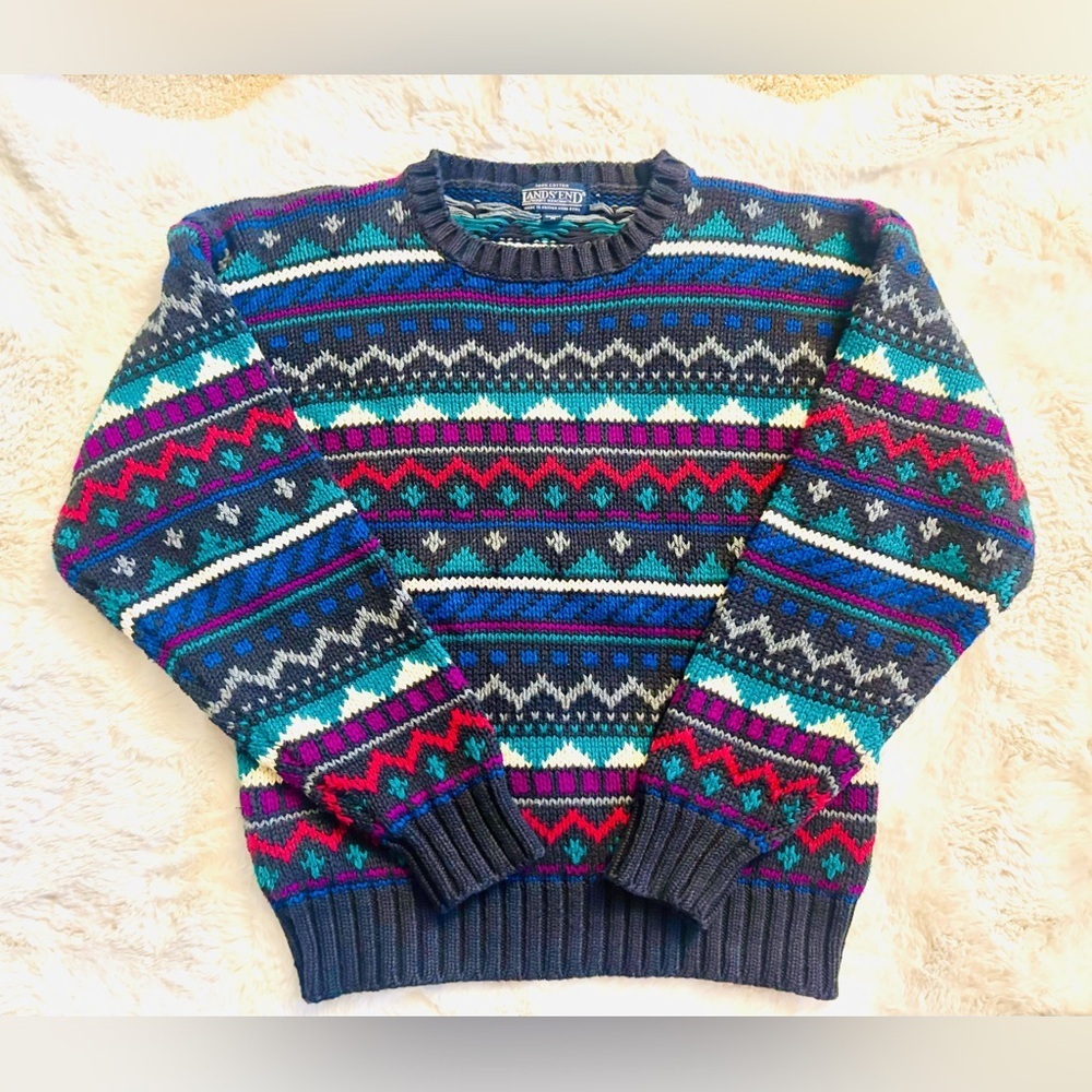 Vintage Lands' End Fair Isle Nordic Sweater Navy, Teal, Maroon, & Cream Size: M